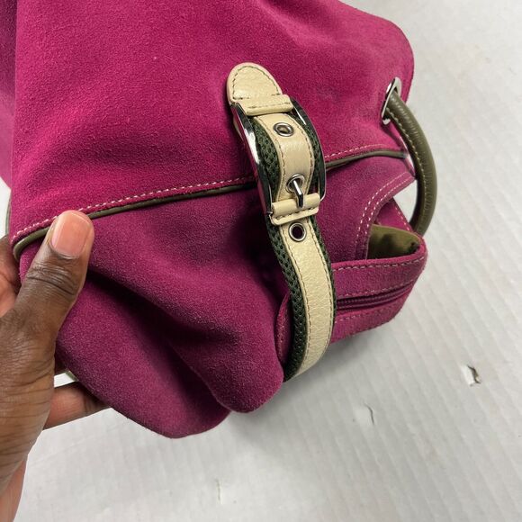 Cole Haan Fuchsia Suede Shoulder Bag Olive Trim Leather Strap Boho Slouchy Tote - Picture 14 of 14